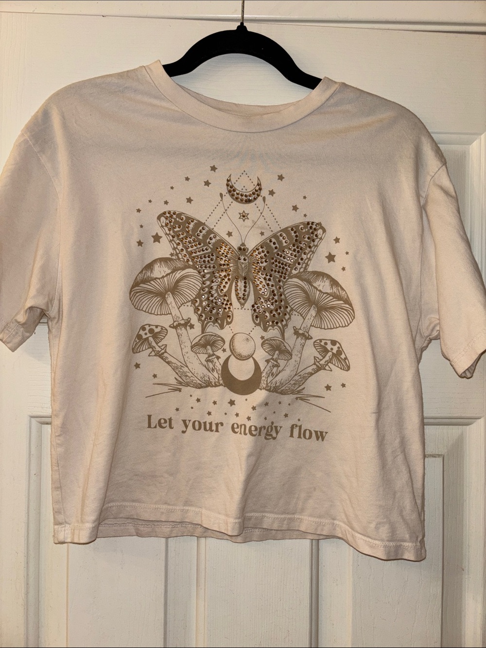 Butterfly & Mushroom Graphic Tee - Cream with Brown Print unbranded M EUC